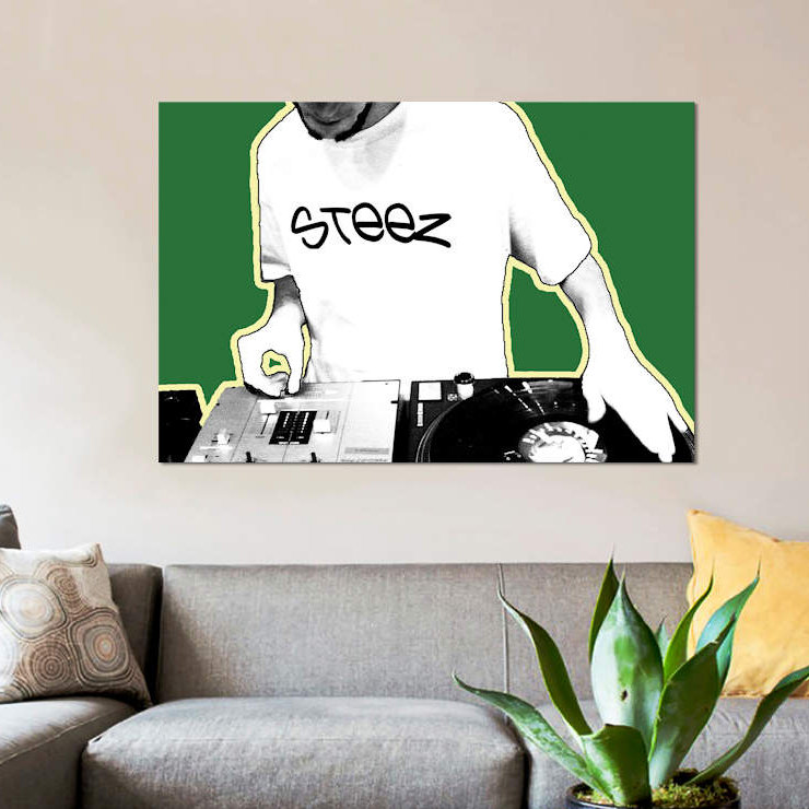 « dj », impression sur toile, H 18 po x l 26 po x P 1,5 po, Toile tendue, Pas de tapis