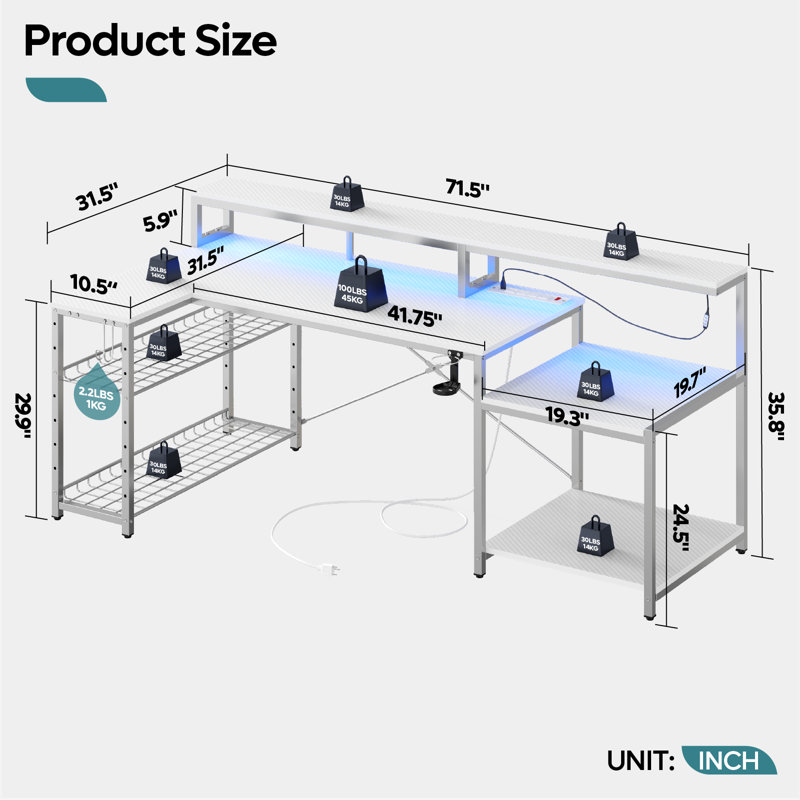 Minaya LED Gaming Desk with Power Outlet, L-Shaped Computer Desk with Monitor Stand, White, 35.8" H x 71.5" W x 19.7" D