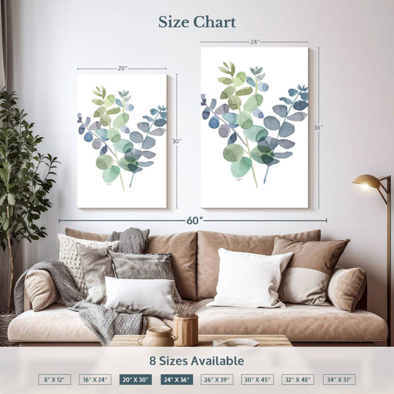 Inspiration naturelle bleu eucalyptus blanc II, H 36 po x l 24 po