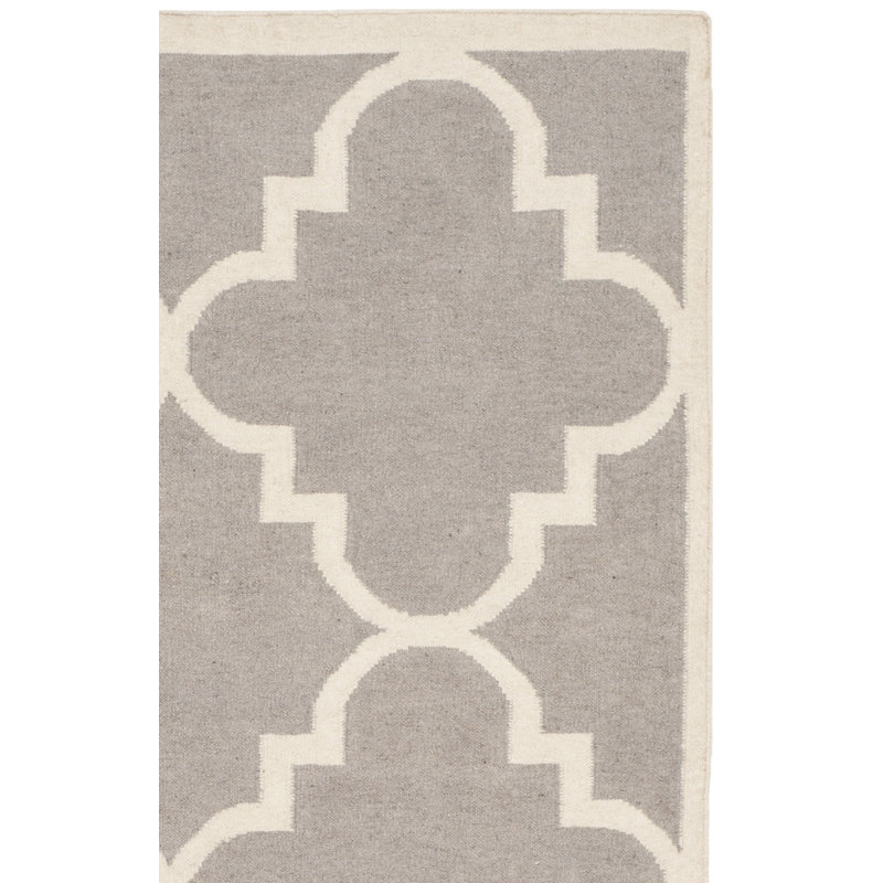 Rodgers Hand Woven Flat Weave Wool/Cotton Geometric Rug in Ivory/Gray, Runner 2'6" x 14'