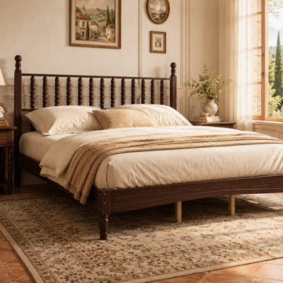 Norvessa Walnut Wood Platform Bed with Gourd-Shaped Headboard, Retro Style Bed Frame with Wooden Slat Support, No Box Spring Needed