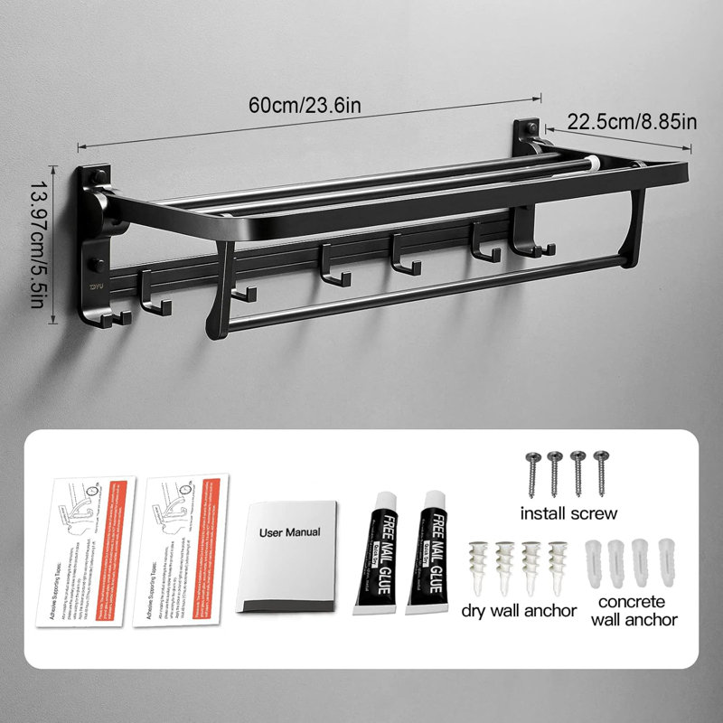 Porte-serviettes mural pour salle de bain avec barre à serviettes et crochets 23,6 po