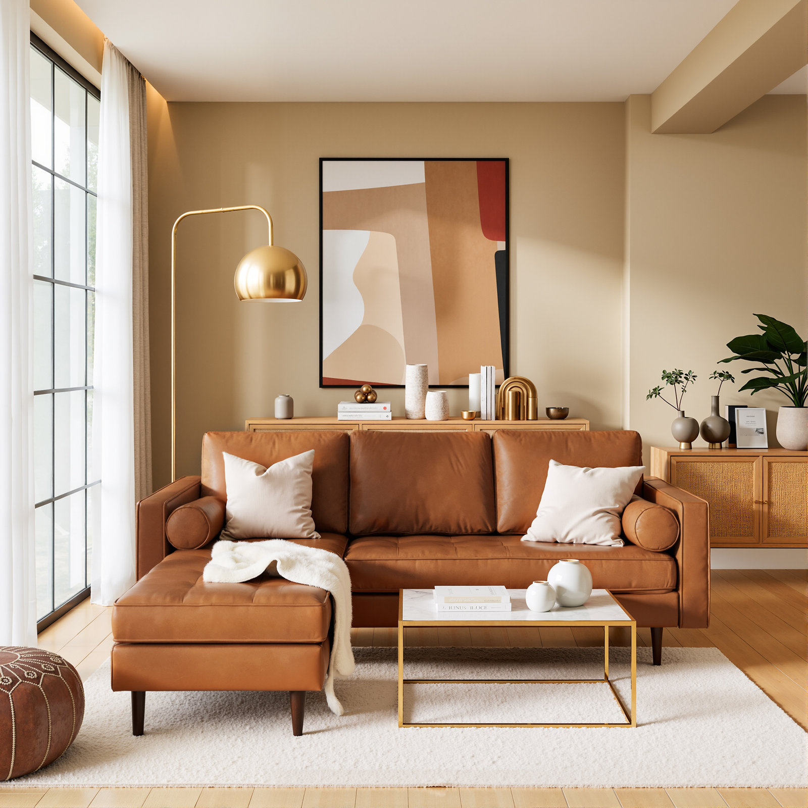 Pritchett Sectional, Saddle Tan Vegan Leather
