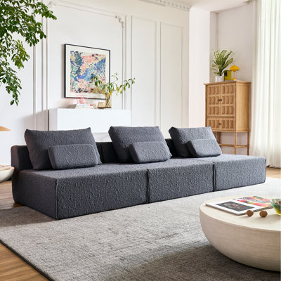 Boneless Couch for Living Room, Compression Cloud Couch, Deep Seat Modular Sectional Sofa, No Assembly Required (Gray, 3 Seater)