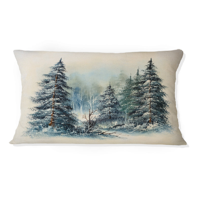 Winter Winter avec arbre à feuilles persistantes - coussin imprimé traditionnel, H 12 po x l 20 po, Rectangulaire