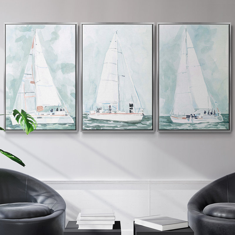 Doux voilier II, ensemble de 3 toiles encadrées, Argent, H 40 po x l 78 po