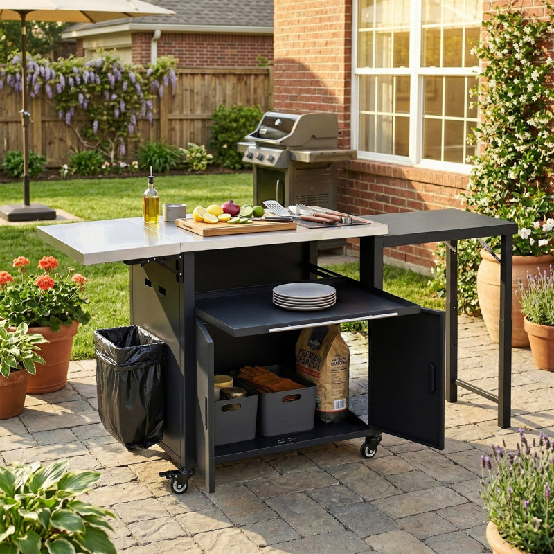 Chariot de barbecue pliable pour l'extérieur, Noir