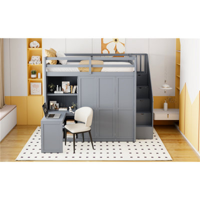 Lit mezzanine double avec garde-robe, bureau et tablettes, gris (OLD: LT000679AAE)
