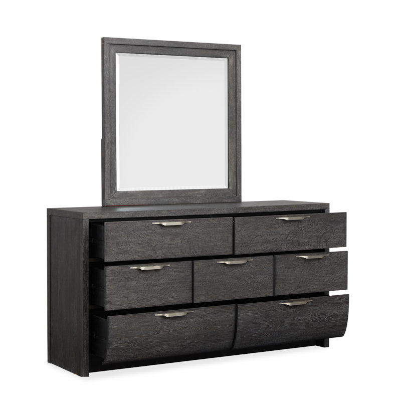 Très grand lit tapissier à panneau 2 tables de chevet et commode avec miroir, Très grand