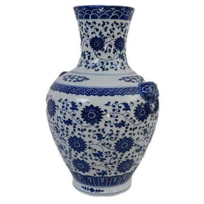  Blue and White Floral Vine Vase with Lion Handles