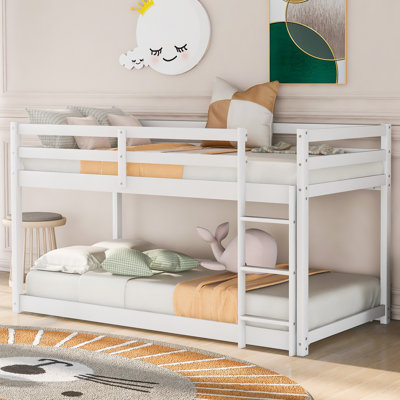 Low Twin over Twin Bunk Bed with Ladder | Solid Wood Kids Floor Bunk Bed, Gray