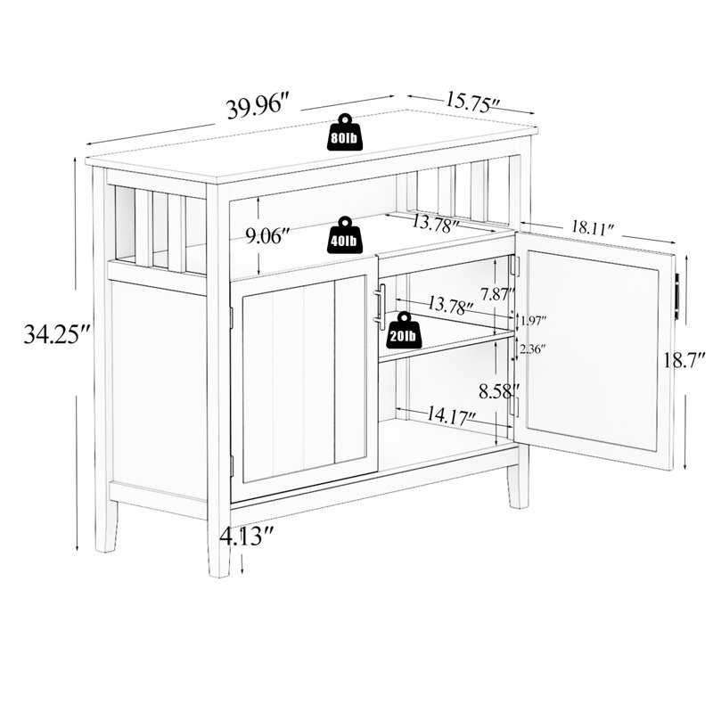 Kitchen Sideboard Buffet Cabinet - White. Quality E1 Construction For Durability. Painted Surface To Scratches. Large Storage With Adjustable Shelf Options. Easy Assembly Required Parts Included.