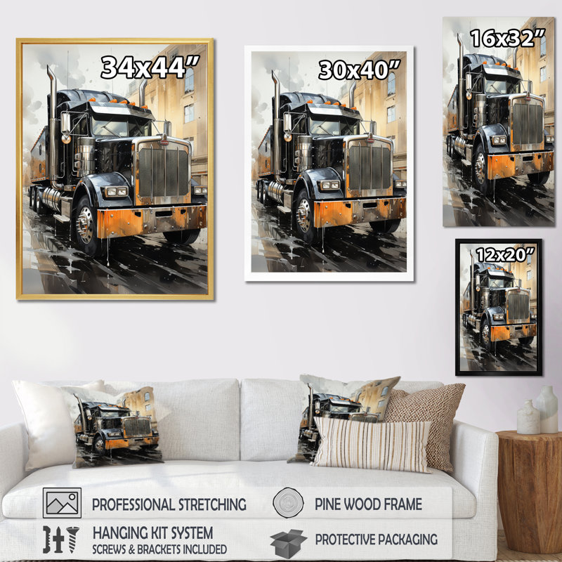 Semi-remorque en fibre de carbone II - Camion, salon d'art mural, H 20 po x l 12 po x P 1 po, Toile tendue