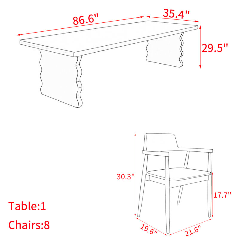Nordic style solid wood rectangular table set., 29.5"H x 86.6"L x 35.4"W