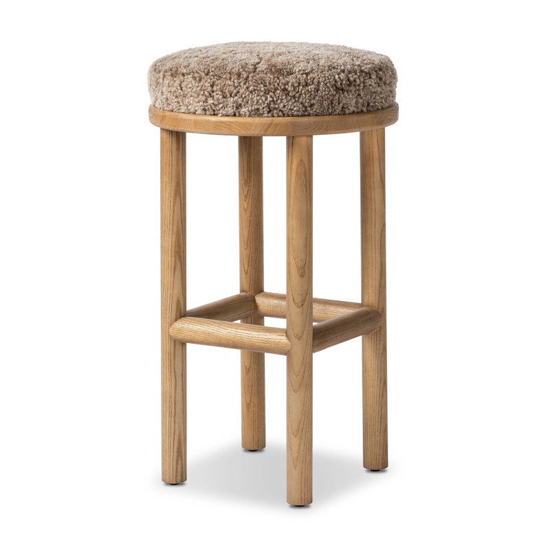 Wells Saldino Stool-Beige Shearling, Bar Stool (30" Seat Height), Taupe Shearling, Sandy Nettewood