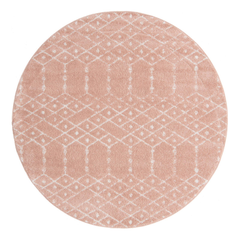 Tapis rose à motif géométrique, Rond 5 pi 3 po