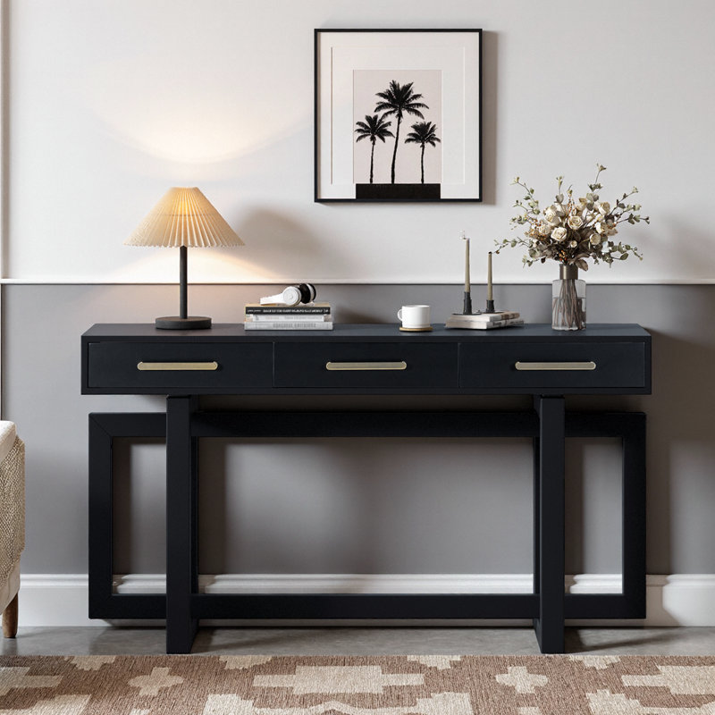 57" Extra Long Artsy Console Table with 3 Drawers - Elegant Entryway, Hallway & Living Room Storage in Matte Black, Black