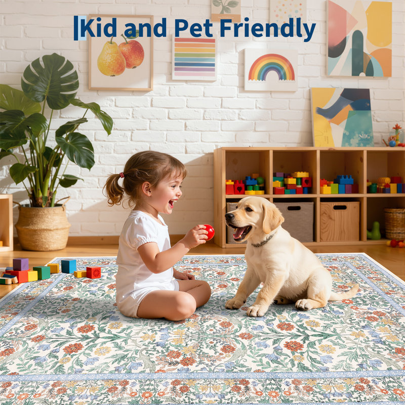 Floral Washable Area Rug Vintage Large Rugs for Living Room Soft Non-Slip Carpet Indoor Floor Stain Resistant Carpets for Bedroom Dining Room Farmhouse Nursery Home Office