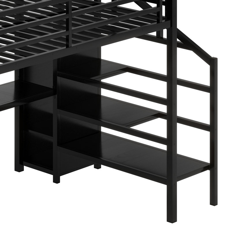 Metal Loft Bed With L-Shaped Desk And USB, Wardrobe And  Shelf, High Loft Bed With LED For Kids Teens Adults, Black, Queen