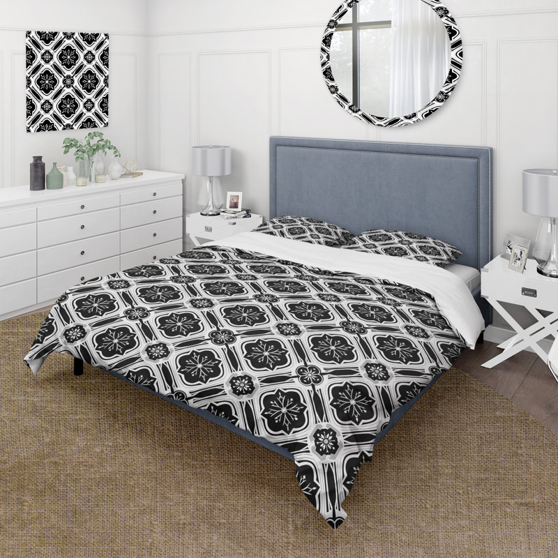 Ensemble de housse de couette Hexagone noir et blanc traditionnel, Housse de couette pour grand lit et 2 taies décor