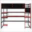 Lit mezzanine simple en bois avec bureau intégré, rangement latéral, tablettes multiples et éclairage RVB, rouge