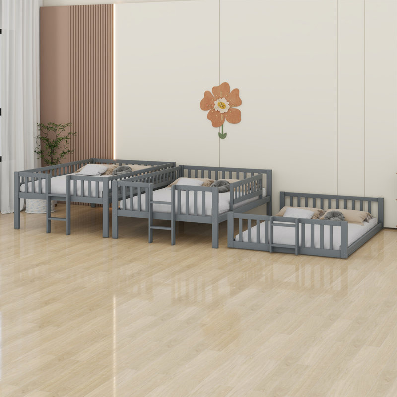 Triple Bed With Built-In Ladder,Slide And Guardrails, Gray