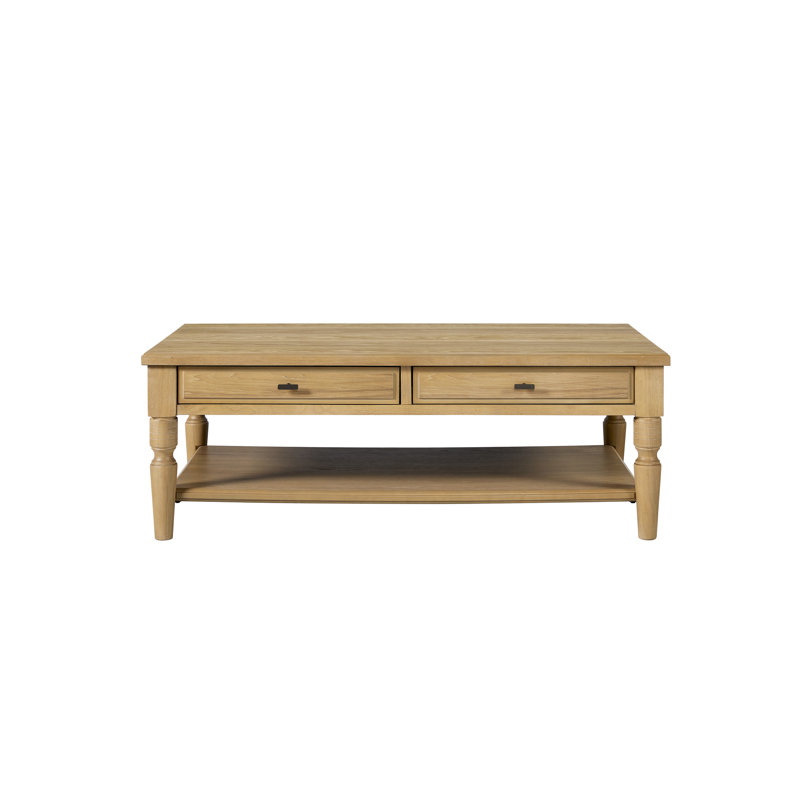 Table basse avec tiroirs, finition noix de cajou, placage, deux tiroirs, pieds tournés pour un style classique, tablette inférieure ouverte, bois massif beige, profondeur 51,43 cm, largeur 28,69 cm, hauteur 18,67 cm.
