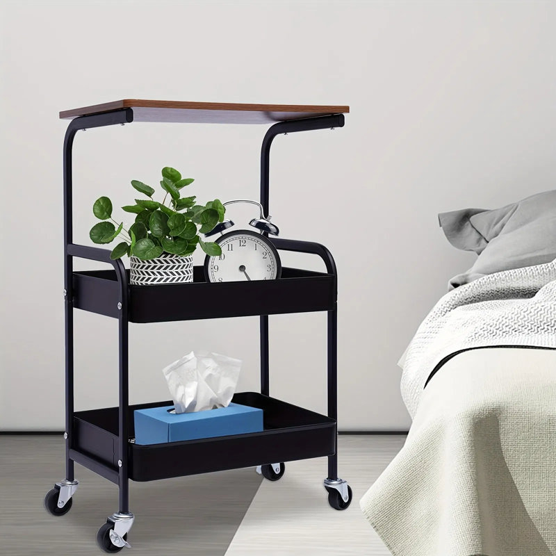 Chariot de rangement roulant avec plateau en bois