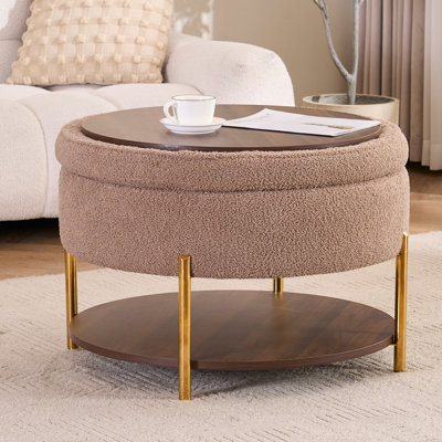 Pouf table basse ronde 4 en 1 avec plateau en bois amovible, table d'appoint rembourrée avec tablette de rangement et pieds en métal