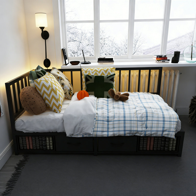 Lit de jour d'angle avec lits simples, tiroirs de rangement, structure de lit plateforme en métal avec lumière DEL, noir