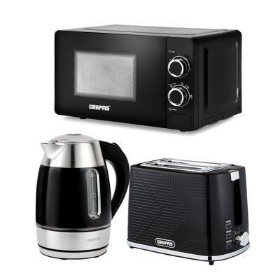 GEEPAS 3 Piece Kitchen Appliance Set – 1.7L Electric Kettle with LED Light, 2 Slice Toaster with 7 Browning Levels (900W) & 20L Microwave Oven, 700W Countertop Microwave, Black Kitchen Breakfast Set