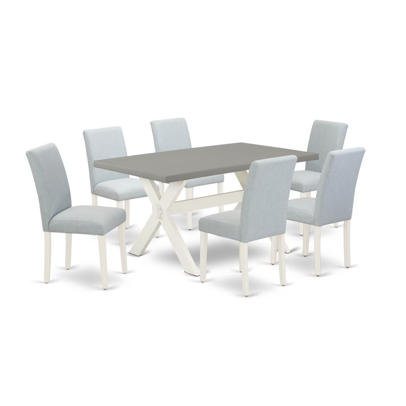 Ensemble de salle à manger 7 pièces comprenant une table rectangulaire à pattes en X et 6 chaises rembourrées en lin bleu ciel, 91 x 152 cm, multicolore