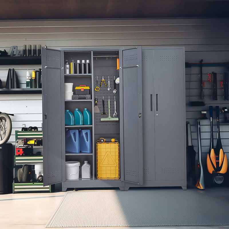Casiers en métal, armoire à outils de nettoyage avec portes verrouillables, tablettes réglables, Gris