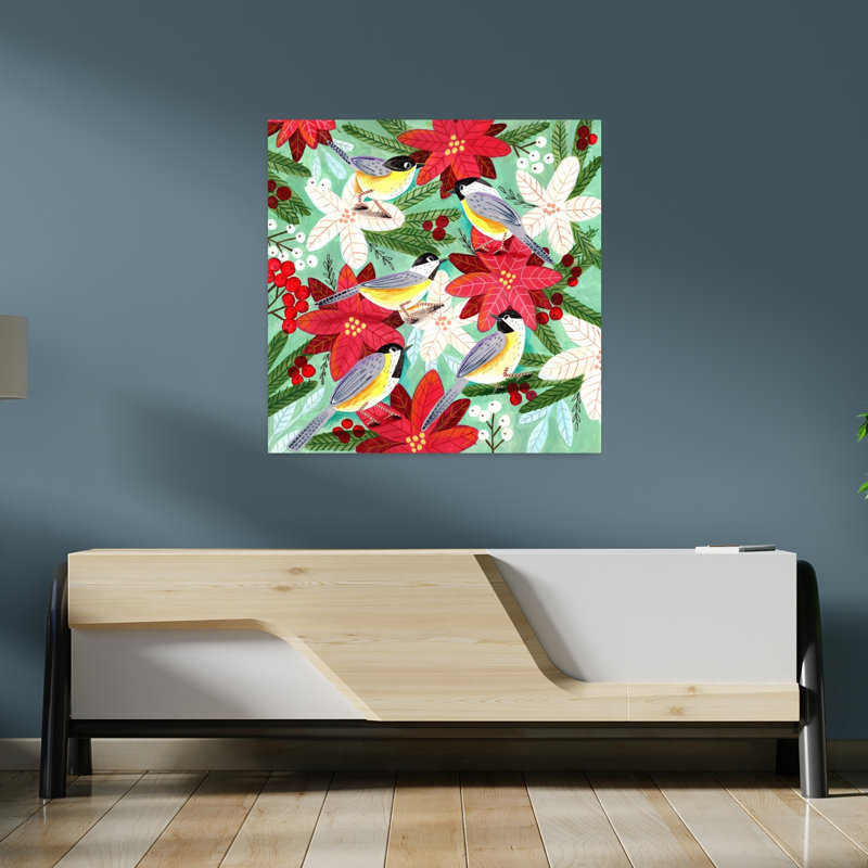 Winter Birds Tits And Christmas Flowers Contemporary Bird Flower Winter Wall Art Print 1 Piece Wrapped Canvas Wall Art