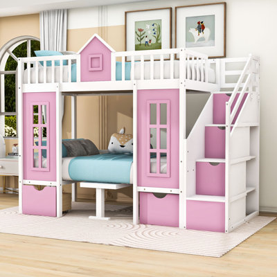 Kinnsley Wooden Playhouse Bunk Bed With Storage Drawers, Transformable Lower Bunk Into Desk by Harriet Bee