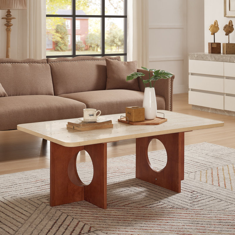 42" Modern Travertine Textured Coffee Table – Rectangular Wabi-sabi Stone Top & Natural Rubberwood Legs, Minimalist Center Coffee Table For Living Rooms