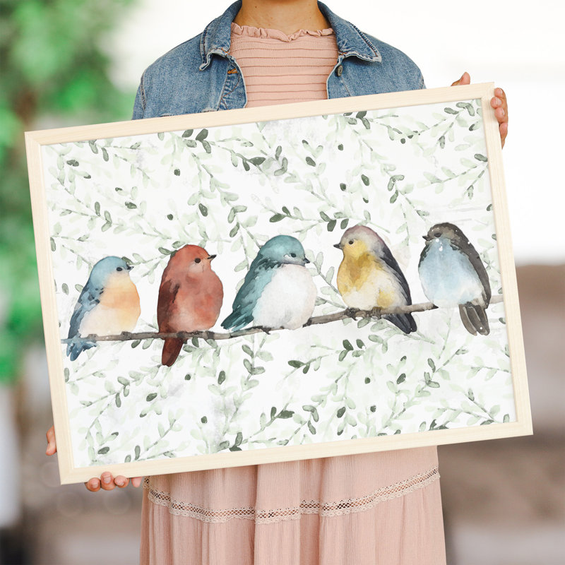 Watercolor Birds on Branch with Leaf Pattern Print
