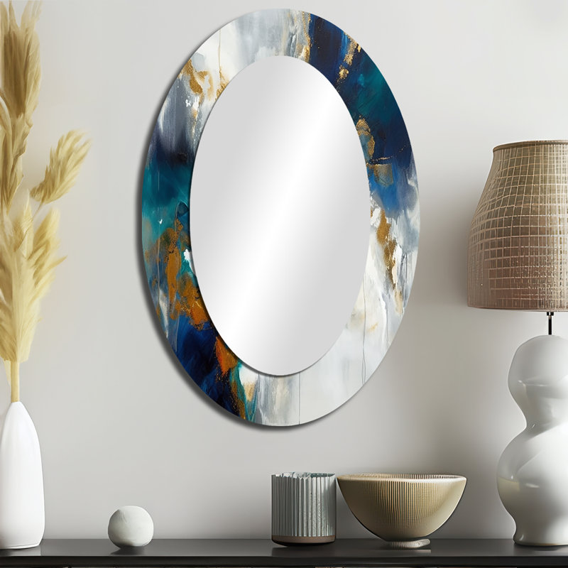 Deep Knowing Abstract In Royal Blue And Gold VI - Modern Oval Wall Mirror, 36" x 24"