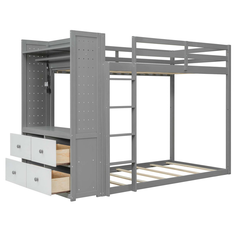 Lit superposé simple peu encombrant avec rangement intégré et garde-robe intelligente, Gris