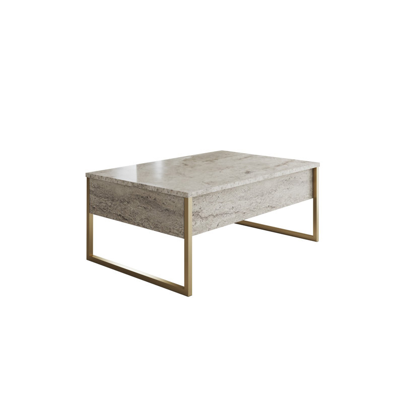 Table basse moderne avec pieds en métal, travertin et finition dorée, 35,4 x 23,6 x 15,7 pouces | 100% panneau de particules enduit de mélamine, épaisseur: 0,7 pouce | Design glamour parfait pour le salon et les espaces contemporains