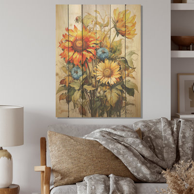 Vintagea Sunshine Sunflowers - Tournesols, art sur bois de pin naturel