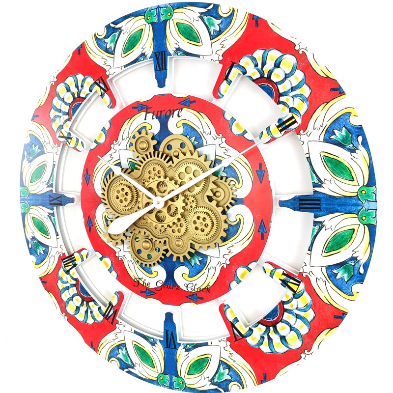 Oversized 36" Multicolor Wood Wall Clock with Moving Gears