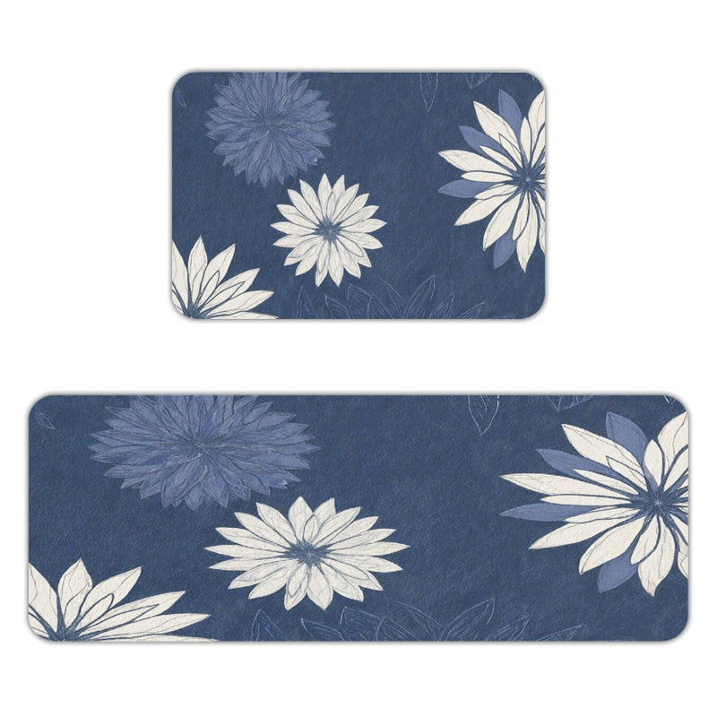Blue & White Dahlia 2-Piece Bedroom & Kitchen Mats, Blue Floral 2