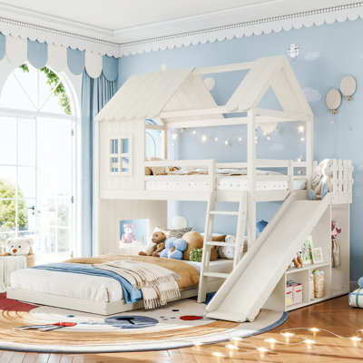 Lit superposé House House avec échelles, toboggans, tablettes de rangement et garde-robe, maisonnette pour enfants