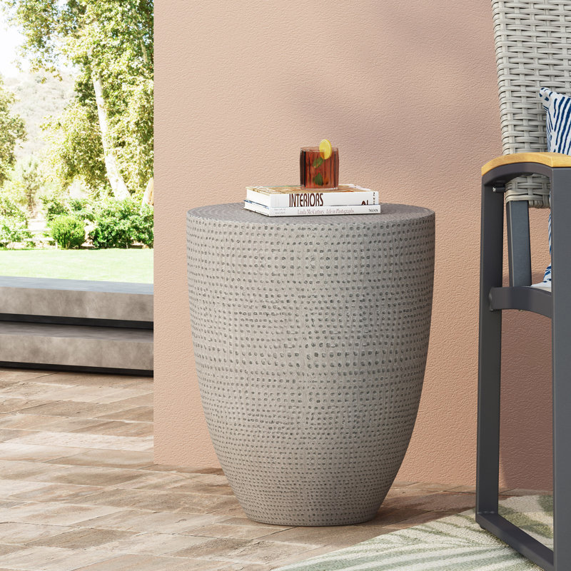  Table d'appoint d'extérieur en béton léger avec tambour texturé, table d'appoint de patio, naturel