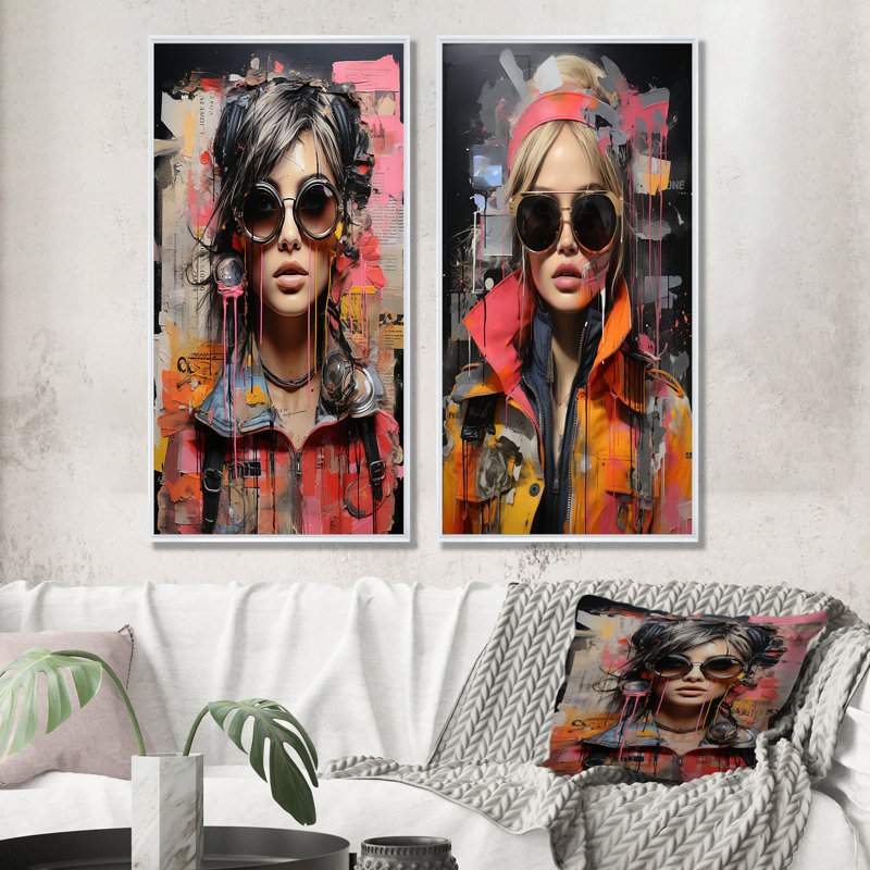 «Pink Grunge Woman In Collage I», ensemble de salon art mural femme Pop Art, Cadre flottant blanc, H 40 po x l 41 po