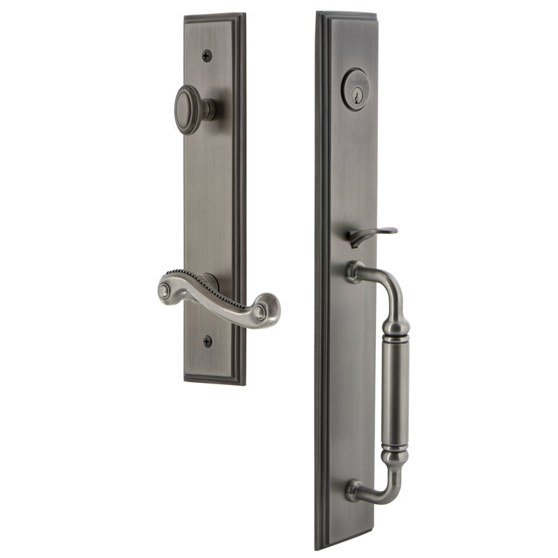 Carré Handleset with Deadbolt and Newport Door Lever and Rosette, Antique Pewter, Right, 2.375"
