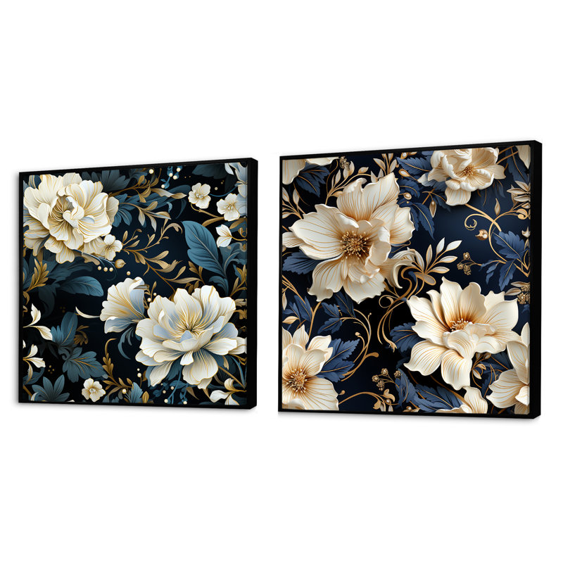Grateron - Ensemble de 2 collages carrés floraux, Cadre flottant noir, H 16 po x l 33 po