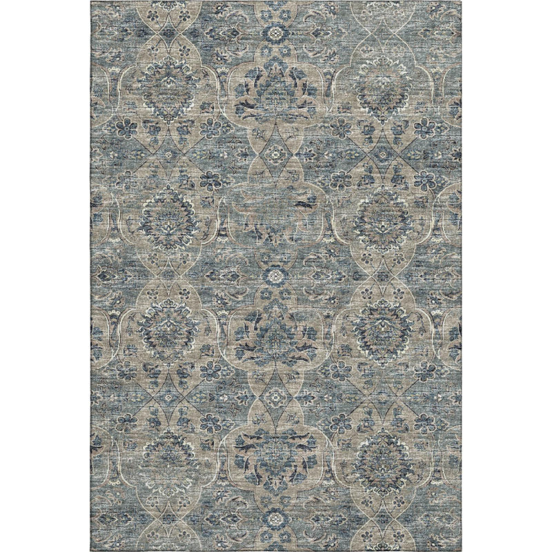 Tapis bleu délavé 5 pi x 8 pi avec motif à médaillon floral délavé et anti-UV