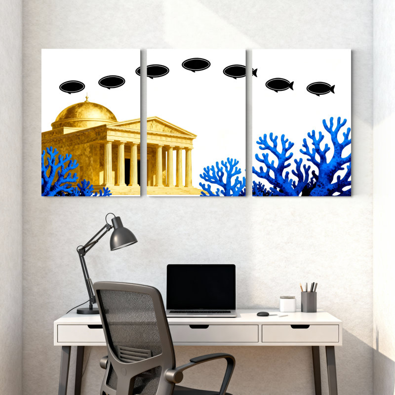Ensemble de 3 impressions sur toile Golden Temple Blue Coral Fish Sky, H 18 po x l 36 po